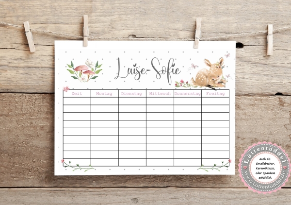 zuckersüßer Stundenplan, verträumtes Reh,  personalisiert mit Deinem Wunschnamen, Print A4  Einschulung Klassenwechsel  von Lüttentüddel®